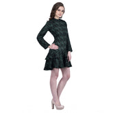 Green cotton blend floral full sleeves women's dress, high neck, knee length on mannequin